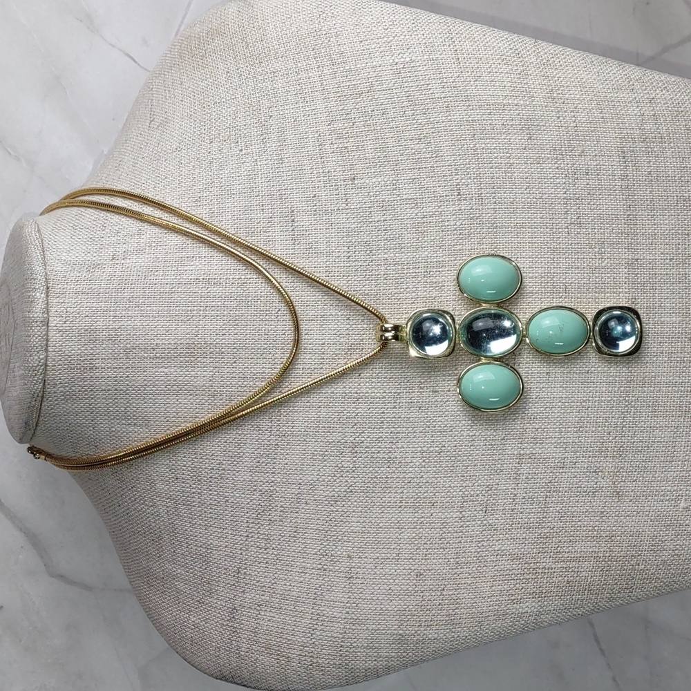 Aqua/Goldtone Cabochon Cross Enhancer Necklace
